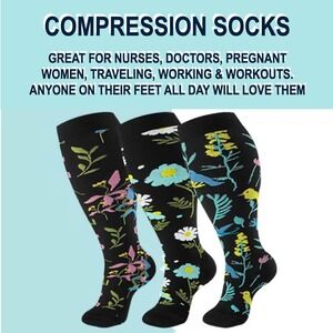 Unisex 15-20 mmHg Compression Socks 2XL Floral Knee High Medical Black 3‎ Pack